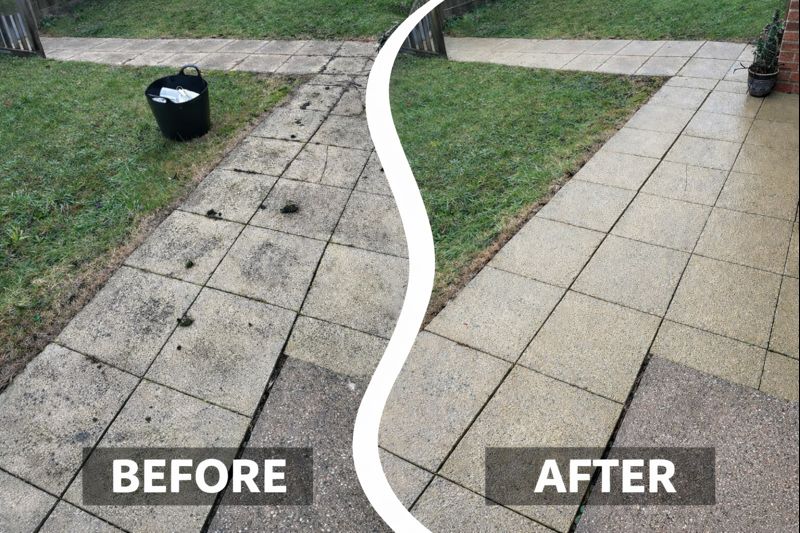 picture showing a before and after shot of a paito that has been jet washed