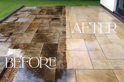 before and after pcitires of a dirty patio and then a clean patio after pressure washing