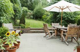 Outside garden chairs and table with umbrella in a garden 